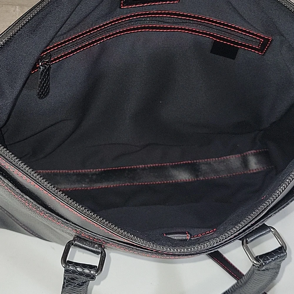 Karpassi Black Leather Briefcase Laptop Bag with Red Stitching